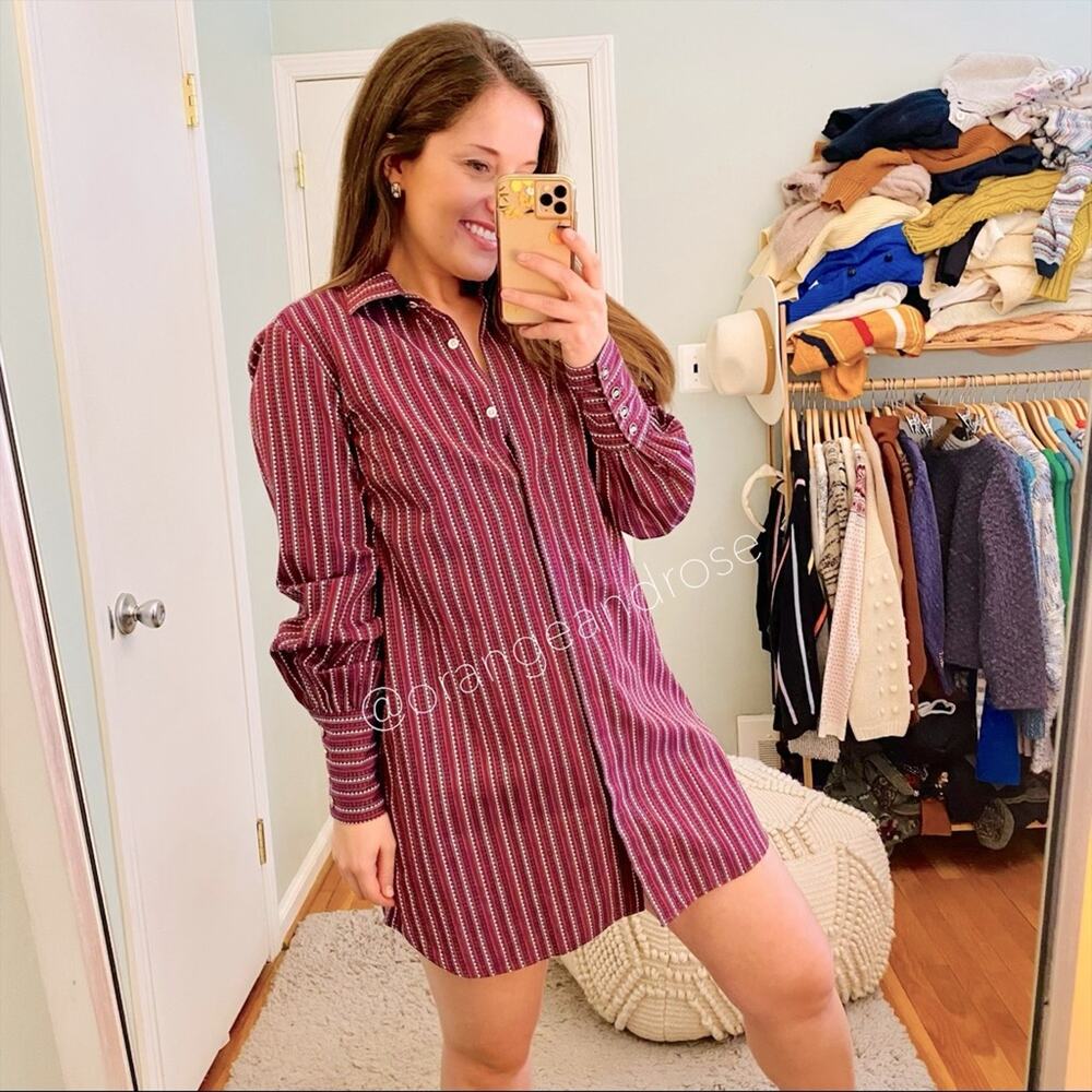 Caroline Constas Burgundy Geometric Striped Collared Long Sleeve Mini Dress
